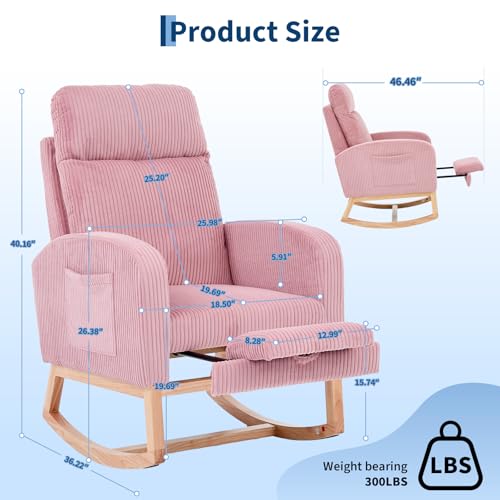 Image of Garvee Nursery Rocking Chair with Foot Rest,Corduroy Upholstered Reading Glider Chair,High Backrest & Side Pocket for Living Room, Bedroom, Baby Room