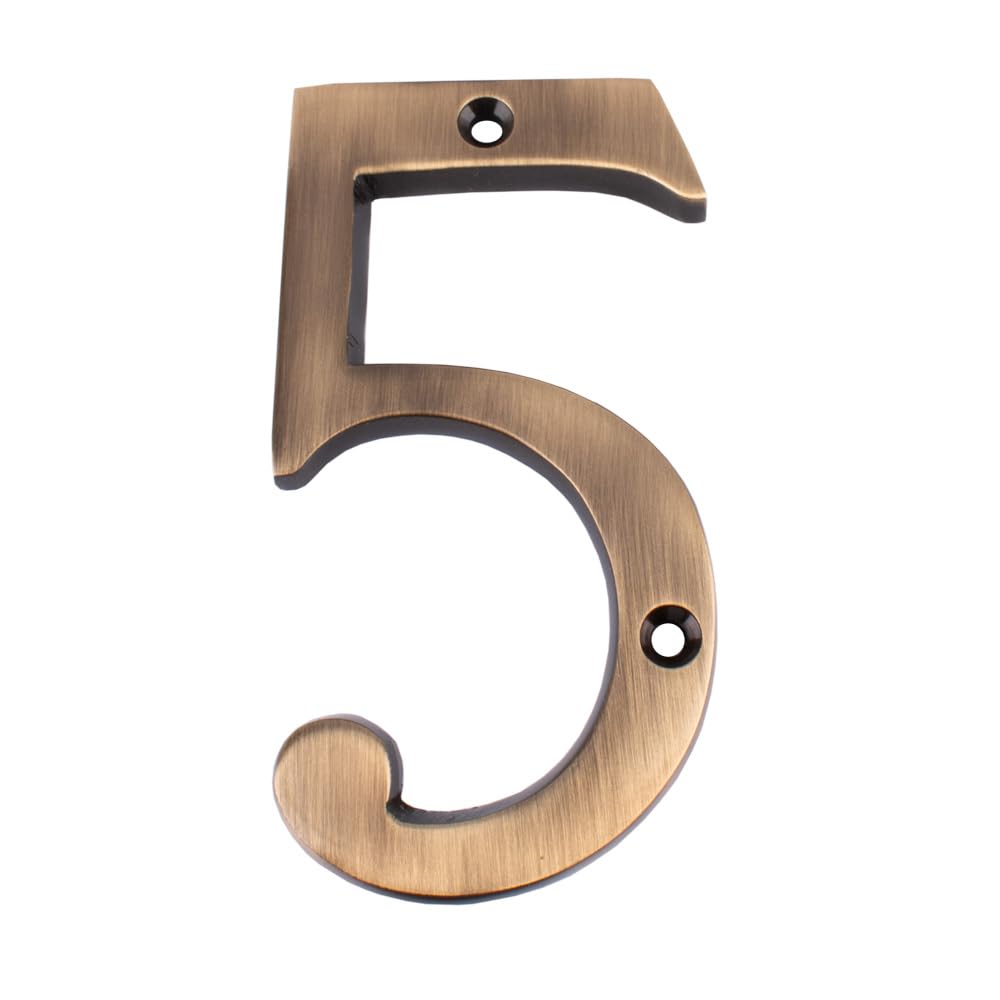 Dart Solid Cast Brass Metal Number 5 Door Numeral 100mm - Antique Brass