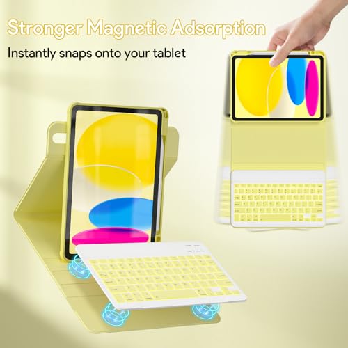 Image of YBING for iPad A16 Case with Keyboard & iPad 10th Generation 10.9 inch 2022, 360 Rotation Magnetic Cover with 7-Color Backlit Wireless Detachable Keypad with Pencil Holder (Yellow)
