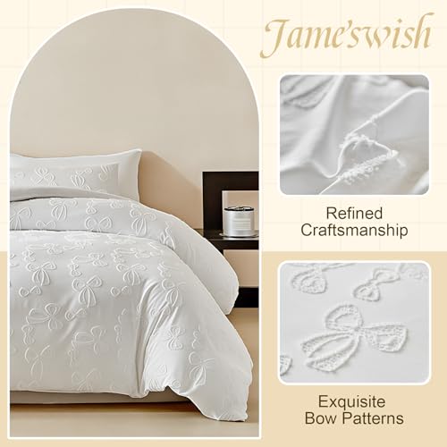 Image of 7 Pieces Bow Comforter Set for Girls White Tufted Boho Bedding Set Queen Size Farmhouse Bed in A Bag as Gifts (1 Comforter, 1 Flat Sheet, 1 Fitted Sheet, 2 Pillowcase and 2 Pillow Sham)