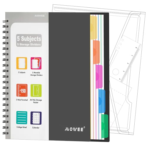 Image of 5-Subject Spiral Notebook, College Ruled, with Pocket & Tab Dividers | 300 Pages, 11 inch Ruler, 8.5 inchx11 inch Black, Pocket Dividers with Tab Labels, for Writing Journal, Home, Office & School Supplies