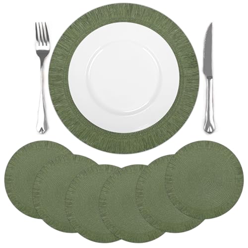 comfoyar Lot de 6 Sets de Table Vert Ronde Tressé, Dessous Table Antidérapants en Papier Tissé avec Longue Gland, Dessous Assiette Résistant à la Chaleur...