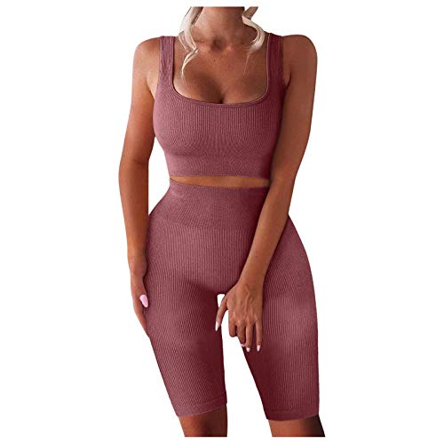 Women's Workout Set, 2 Pieces Fitness Vest Short Sleeve top Ribbed Stretchy Sports Suit top + Leggings Sportswear Yoga Outfits Tracksuit Yoga Outfits Jogging Gym Sportswear Fitness Suit Cover