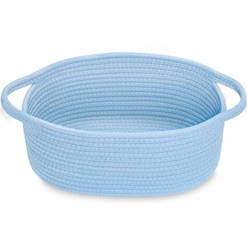 Image of ABenkle Small Basket with Handles, Boho Decorative Rope Woven Dog Cat Toy Storage Bin Shelf Storage Organizer, Easter Christmas Gift Basket, 12 inchx8 inchx5 inch, Blue