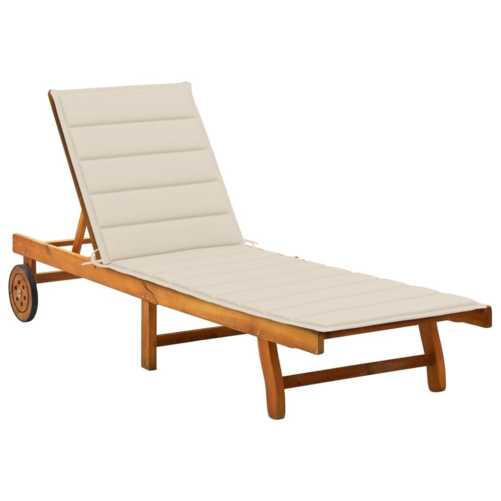 Ogrodowy leżak z poduszką lite drewno akacjowe regulowane oparcie i podnóżek składany stolik kółka do patio tarasu balkonu 200x59/63x30/62/76/85 cm beżowy