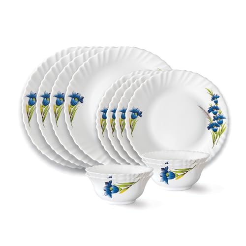 Image of Larah by Borosil Nina Fluted Series Opalware Dinner Set | 12 Pieces for Family of 4 | Microwave & Dishwasher Safe | Bone-Ash Free | Crockery Set for Dining & Gifting | Plates & Bowls | White
