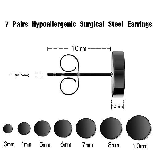 7 Pairs Black Earrings Surgical Steel Studs Hypoallergenic 316L Stainless Steel Stud for Men Women Contain 3,4,5,6,7,8,10 mm2
