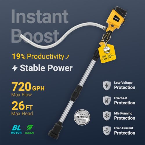 Image of Brushless Stick Water Transfer Pump Compatible with DeWalt 20V MAX Battery (TOOL ONLY), 720 GPH Submersible Pump, 27.5'' Detachable Shaft, 3 /4'' Outlet, 1m Hose, Sediment Filter for Rain Barrel, Pond