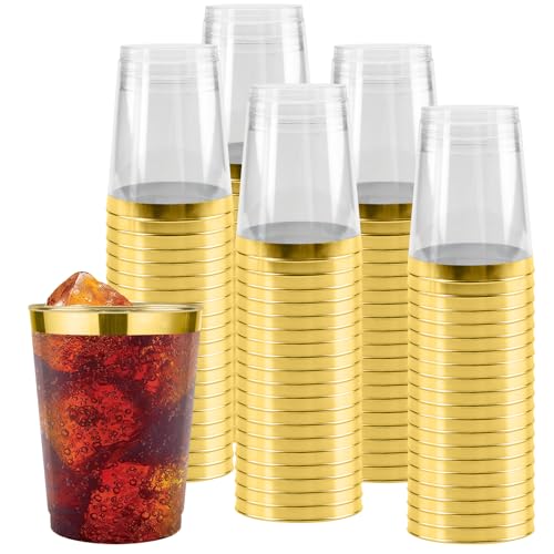 MAHIONG 100PCS 12oz Gold Rimmed Plastic Cups, 360ml Plastic Tumblers Cups, Plastic Cocktail Glasses Elegant Wedding Party Cups for Events and Celebrations (11.2 x 7.8cm)