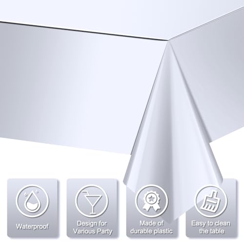 Image of 6 Pack Silver Plastic Tablecloth, Disposable Rectangle Table Covers, Holographic Metallic Foil Tablecloth Silver Party Supplies Decorations for Birthday Graduation Disco Bachelorette, 54x108Inch