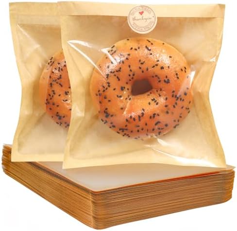 SUREHOME Paper Sandwich Bags 100 Pcs 7.1 X 7.5 In Kraft Brown Paper Bags with Window Individual Heat Seal Bakery Bag with Sticker Cookie Bag for Party Favors Snacks Treats Bread Baked Goods Packaging