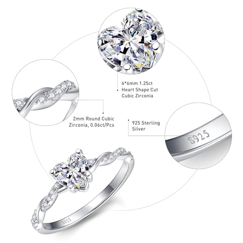 Yaresul 925 Sterling Silver Promise Ring for Her Sterling Silver Heart Ring Heart Cut Cubic Zirconia Ring Engagement Ring Size 6 - Image 3