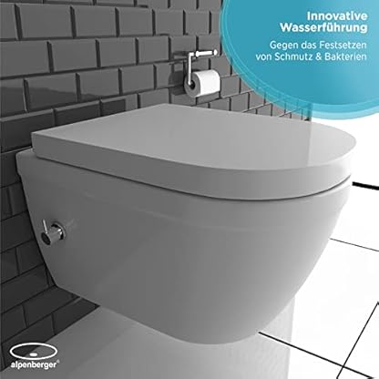 Alpenberger Hänge WC mit Bidet Funktion | Dusch WC Kloschüssel mit Toilettendeckel D Form | Keramik Taharet WC Spülrandlos mit Armatur und Nano | Wand WC Set Passend Geberit – Bild 3