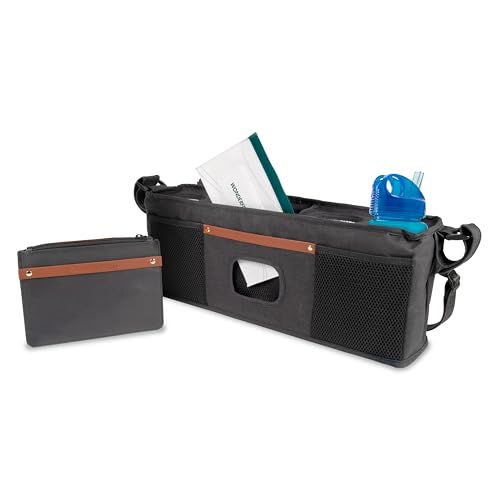 Image of WONDERFOLD Universal Parent Console Stroller Organizer with Insulated Cup Holders, Hook & Loop Closure Handle Attachment, 2 Storage Pockets, Removable Shoulder Strap for Easy Transport