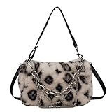 GESALOP 2022 New Leopard Print Plush Shoulder Cross-body Bag Fashion Chain One-shoulder Armpit Tote Y2K Purse Hobo Bag (Beige)