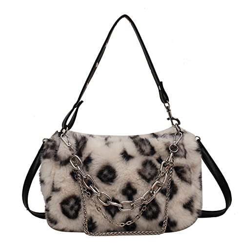 GESALOP 2022 New Leopard Print Plush Shoulder Cross-body Bag Fashion Chain One-shoulder Armpit Tote Y2K Purse Hobo Bag (Beige)