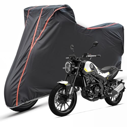 Image of Two Wheelers Bike Body Cover Compatible for Benelli Leoncino, UV Resistant, Dustproof, Triple Stitched, Elastic Bottom, Red Piping Motorcycle Cover (Black, Pack of 1)