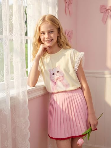 Image of Girls Ruffle Sleeves Shirt Cat Graphic Tee Cute Summer Short Sleeve Top for Teens 6-16Y