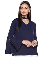 Indietoga Women's Blue Solid Flared Chocker Neck Crepe Tops (Medium)