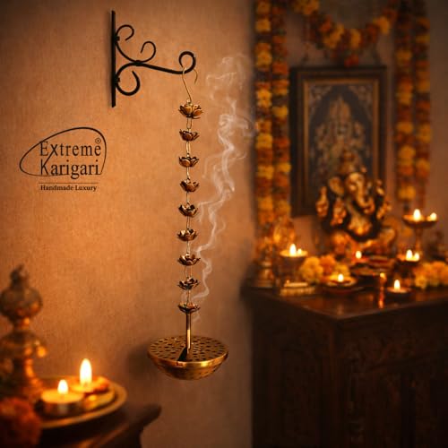 Image of Flower Hanging insence Burner | Dhuna Loban Burner Dhooni Dhoop Dhuni |Hanging Dhoop Batti Agardan Hanging Decor (Pack of 1) (Brass Antique /Bracket)