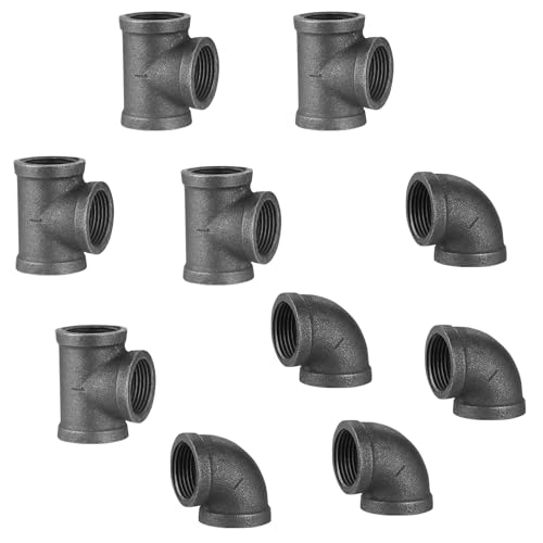 Home TZH 1" Pipe Fitting Tee & Elbow DN25 1Inch Threaded Cast Black Malleable Iron for Steampunk Vintage Shelf Bracket DIY Plumbing Pipe Decor Furniture (10, 1 Inch(5 Elbows, 5 Tees))