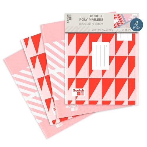 Scotch Designer Poly Bubble Mailer, Small Size 2, 8.5 IN x 11 IN, 4-pack, Red Designs Vary