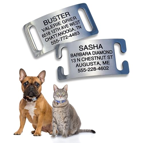 LuckyPet Slide-On Pet ID Tags - Dog Tags Personalized - Durable Engraved Stainless Steel Pet Name Tags - Noiseless Dog Tag - Suitable for Dogs and Cats - Fits 1 inch Collars - Large, Open Ends