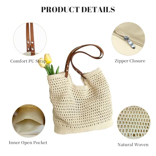 Image of Crochet Beach Bag Summer Woven Tote Bag Crochet Purse for Women handbags Boho Shoulder Bags for Travel Vacation