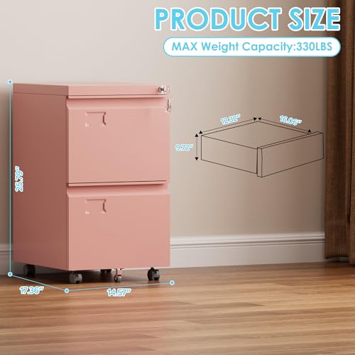Image of Aobabo Rolling File Cabinet with Lock,2 Drawer Metal Filing Cabinet for Home Office & Under Desk, Heavy-Duty Mobile Storage with 5 Wheels (Anti-Tilt), Fits Letter /Legal,Pink,Required Assembly