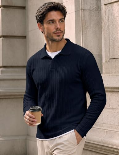 Image of JMIERR Mens Polo Shirt Long Sleeve Casual Button Dress Knit Golf Polo Shirt