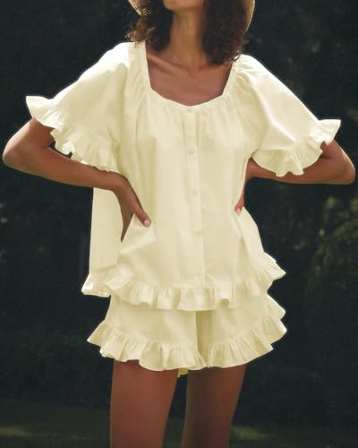 Image of Womens Ruffle Pajama Set Short Sleeve Button Down Top and Shorts | Cotton Ruffle Pajamas Set, Ruffle Shorts Set Women, 2 Piece Shorts Set for Women