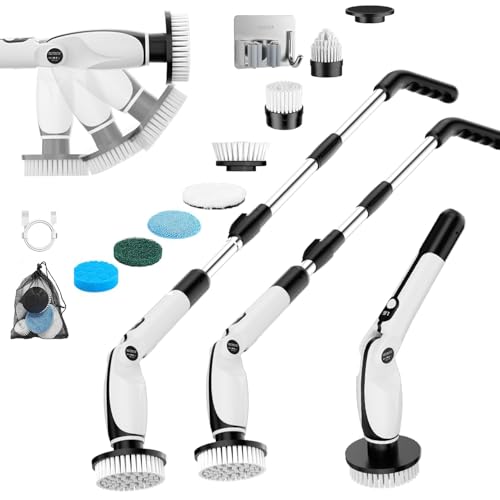 Electric Cleaning Brush Scrub Buddy with 4 Adjustable Angles 7 Brush Heads 3 Length Options 90 Min Runtime 2 Speed Modes for Bathroom Floor Kitchen Car