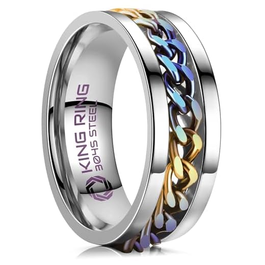King Ring 8mm Spinner Ring – Anxiety Ring for Men & Women – Stainless Steel Spinning Fidget Ring for Stress Relief – Silver Multi 7