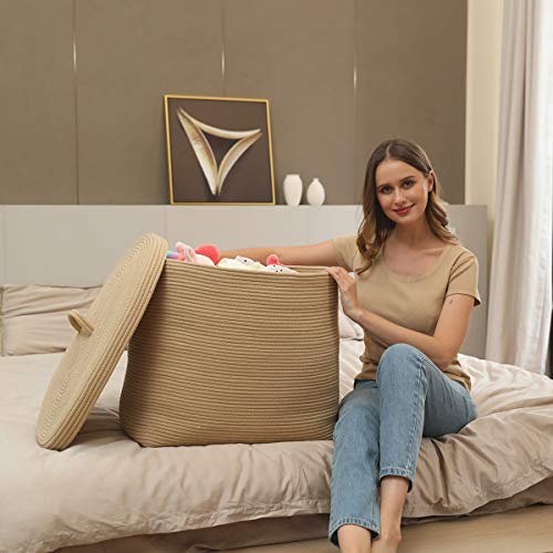 22"X14"X18" Rectangular Extra Large Storage Basket With Lid, Cotton Rope Storage Baskets, Laundry Hamper, Toy Bin, For Toys Blankets Storage In Living Room, Baby Nursery, All Beige #TOP7