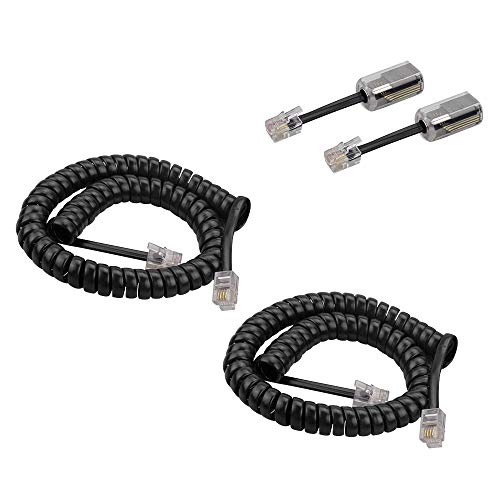 SINCODA 2 Pack 6 Ft Uncoiled /1.2 FT Modular Coiled Telephone Phone Handset Curly Cable Cord +2 Pack 360° Telephone Cord Detangler Extended Rotating(6FT/Black)