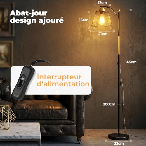 OUSOT Lampadaire sur Pied Salon E27 Douilles 145CM 230V, Industriel Lampadaire LED 40W, Noir et or, pour un Bureau, Salon, une Chambre (sans Ampoules) – vue 3