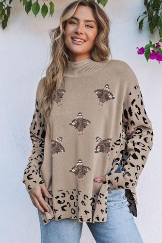 Women's Khaki Sequin Turkey Leopard Mixed Pattern High Neck Sweater with Slits3