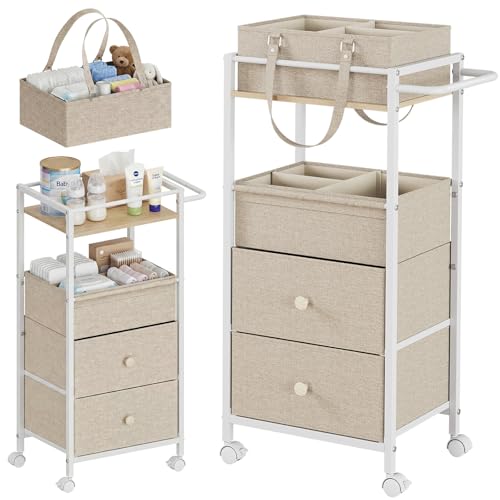 KALORCARE おむつストッカー 2WAY 収納ワゴン ベビー用品 出産準備 大容量 4段 キャスター付き 持ち運び おむつバッグ 取り外し可能 赤ちゃん用品 収納ボックス おむつ入れ 整理整頓 移動便利 仕切り付き ストッカー ナーサリー収納 (ベージュ)