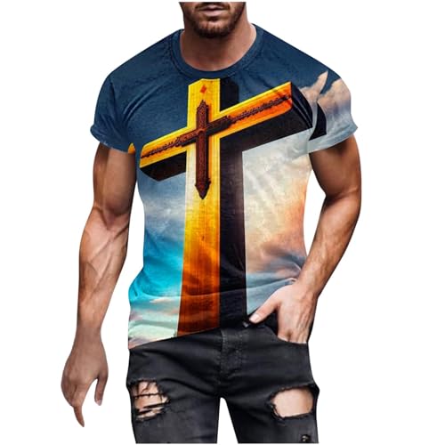 Herrenmode Jesus Kreuz 3D Druck T-Shirt Kurzarm Lustige Grafik Tees Tops Christian Religiöse Bibel T-Shirts, Blau-2, XX-Large