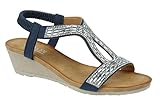 Jo & Joe Ladies Mid Heel Wedge Comfort Sandal with Glitzy Jewels and Elasticated Slingback Strap, Flexible sole sizes 4-8 (Navy, UK Footwear Size System, Adult, Women, Numeric, Medium, 5)