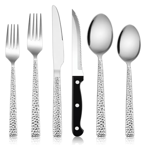 Hammered Silverware Set with Steak Knives, E-far 48-Piece Stainless Steel Flatware Cutlery Service for 8, Metal Tableware Eating Utensil Sets for Home Kitchen Restaurant, Heavy Duty & Dishwasher Safe