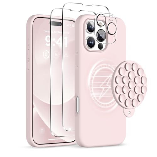 COFFKER Magnetic for iPhone 16 Pro Max Case, Compatible with Magsafe, Suction Cup Phone Mount, [2 Screen Protectors][Camera Protector] Silicone Shockproof Protective Phone Cover 6.9', Lovely Pink