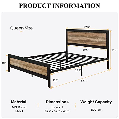 Sha Cerlin Heavy Duty Metal Bed Frame Queen Size/Wooden Headboard Footboard With Rivet/ 13 Strong Metal Slats Support/No Box Spring Needed/Mattress Foundation/Easy Assembly #TOP1