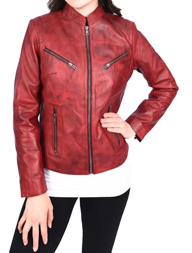 Veste moto en cuir femme avec 4 poches zippées et fermeture éclair avant