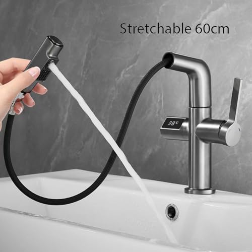 Robinet de lavabo de salle de bain extractible eau chaude et froide gris - 3