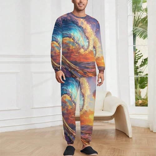 Ocean Wave Men’s Pajama Set Long Sleeve Top And Pants Loungewear Sleepwear Pjs Nightwear 5