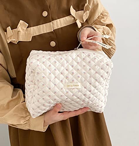 Tyflove Kawaii Cotton Makeup Bag Large Travel Cosmetic Bag Aesthetic Floral Makeup Pouch Coquette Quilted Toiletry Bag For Women (B-Beige Floral) #TOP4