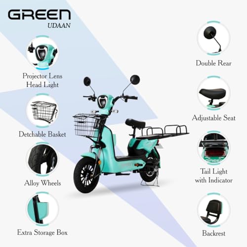 Image of Green Udaan Electric Scooter for adult's commuter with portable rechargeable battery, No RTO Registration or DL required, 30kms Range & 25kmph Power by 250W Motor, E-Bike (GREEN WITH CARRIER)