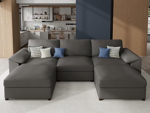 Image of EASE MOOSE Oversized Modular Sofa with Deep Seat,Leather Sectional U Shaped Couch for Living Room,Comfy Scratch Resistant Faux Leather Material,Modern Sofas with Ottoman,Grey