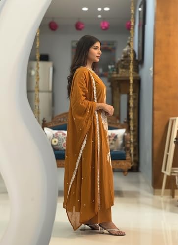 Image of ANNI Designer Women Rayon Viscose Straight Embroidered Kurta with Pant and Dupatta | 3 /4 Sleeve | V-Neck | Ethnic Kurta Set for Women